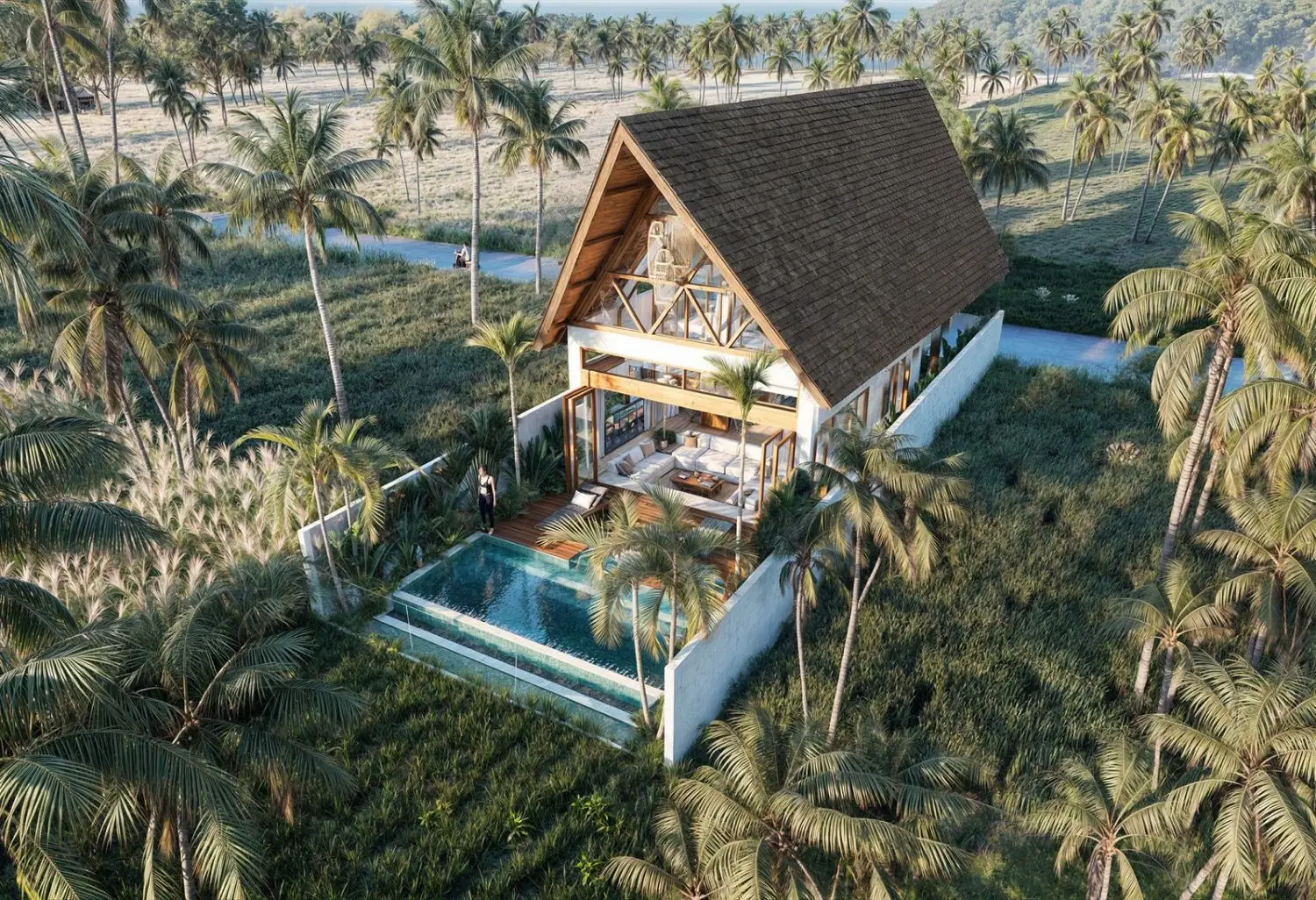 Luxury Huts 2.0 — architectural render of the new A-frame pool villa in Kedungu