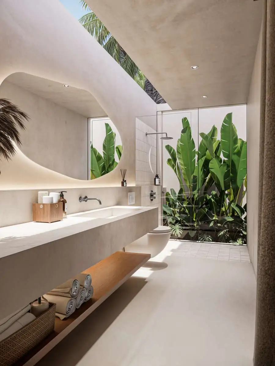 Skylit bathroom with indoor-outdoor shower (render)